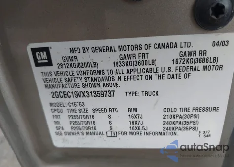 2003 Chevrolet Silverado 1500 Ls из США, поврежденный, VIN 2GCEC19VX31359737